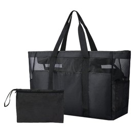 Wanlxc Mesh Beach Bag XXL Family with Zip, Shopper Women's Large Swimming Bag, Lightweight Beach Bag, Waterproof Foldable Shoulder Bags, Shopping Bags for Travel, Shopping and Everyday Use