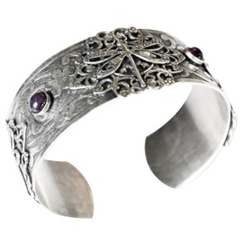 Elaine Coyne Collectible Artwear Mirror Antique Silver Victorian Filigree Dragonfly Cuff - Charoite