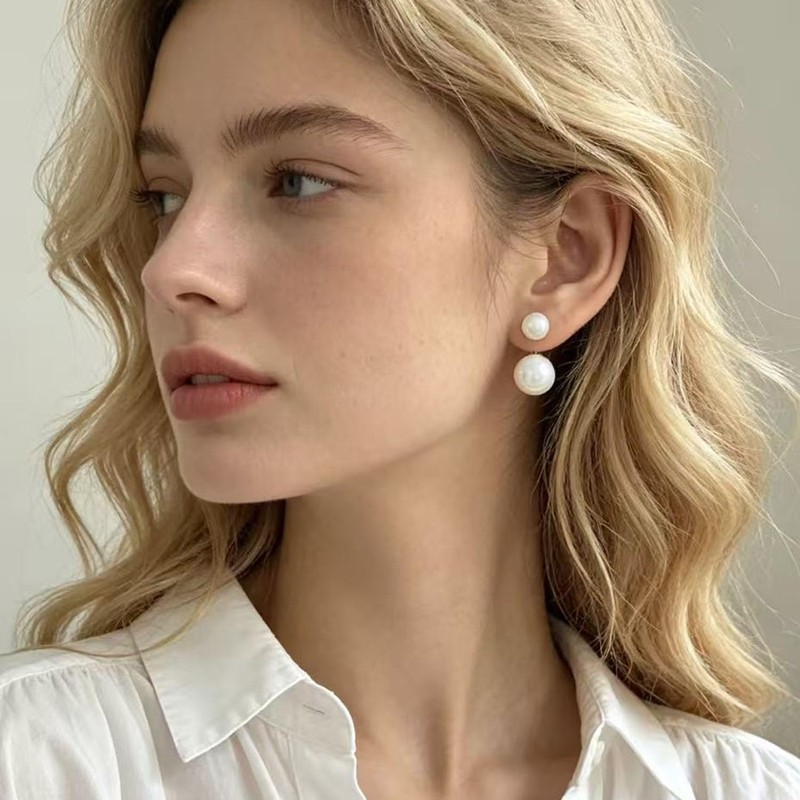 Pearl Earrings for Women Chunky Pearl Stud Earrings Front Back