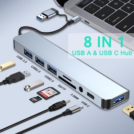 USB Type C Multiport Hub with Card Reader, USB 3.0/2.0 Splitter, SD/TF Card Reader for Phone and PC Adapter 8 in 1