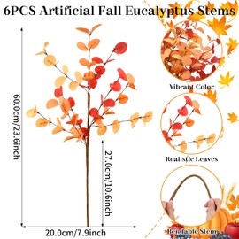 Palonu 6Pcs 24 Inch Artificial Eucalyptus Fall Leaves, Fall Orange Eucalyptus Leaves, Autumn Leaf Branch Faux Fall Decorations for Home Floral Arrangement Autumn Festival Thanksgiving Decor