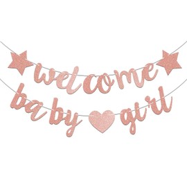 Welcome Baby Girl Banner, Baby Shower Decoration, Flashing Glitter Pink Letter Banner for Baby Girl Shower Party Supplies