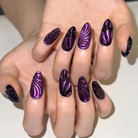 24Pcs Purple Press on Nails Medium Almond Fake Nails with 3D Butterfly Wings Water Drop Designs Stick on Nails Glitter False Nails Full Cover Cool Acrylic Nails Black Purple Glue on Nails for Women