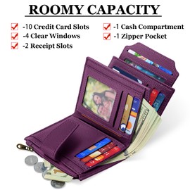 Airkit Small Wallet Women RFID Blocking Soft Leather Bifold Compact Card Holder Wallet for Women with Zipper Coin Pocket 4 ID Window