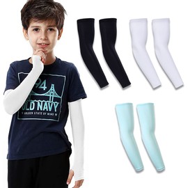 Arm Sleeves for Kids, 3 Pairs UV Sun Protection Cooling Sleeves for Boys and Girls, Anti-Slip Ice Silk Arm Covers for Cycling, Running, Basketball, Football, Outdoor Sports (Black & White & Blue-3 Pairs-2)