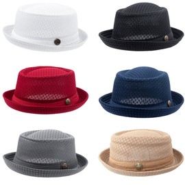 6 pcs Mesh Pork Pie Straw Hat Summer 1920S Costume Party Cap Fedora Dad Bowler Flat Top Men