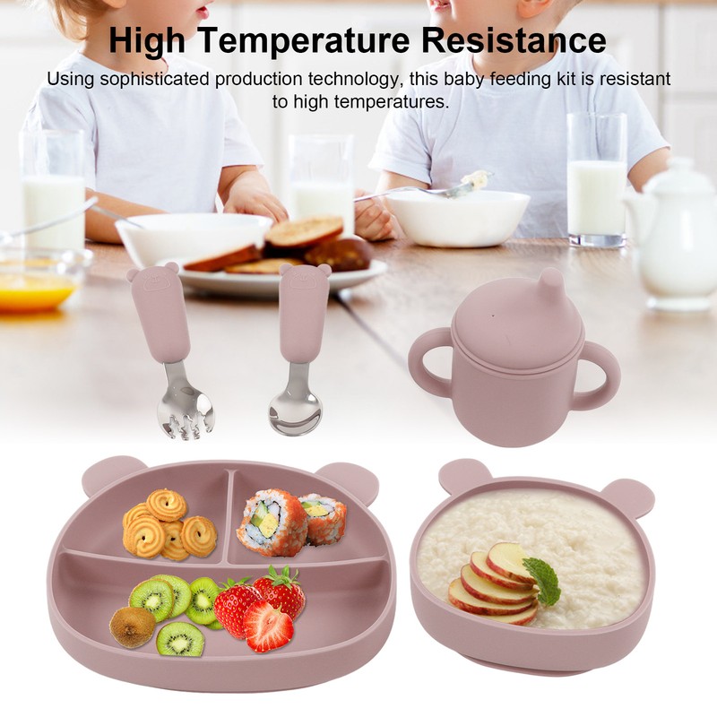 5pcs Baby Feeding Kit Food Grade Silicone Bear Design Plate