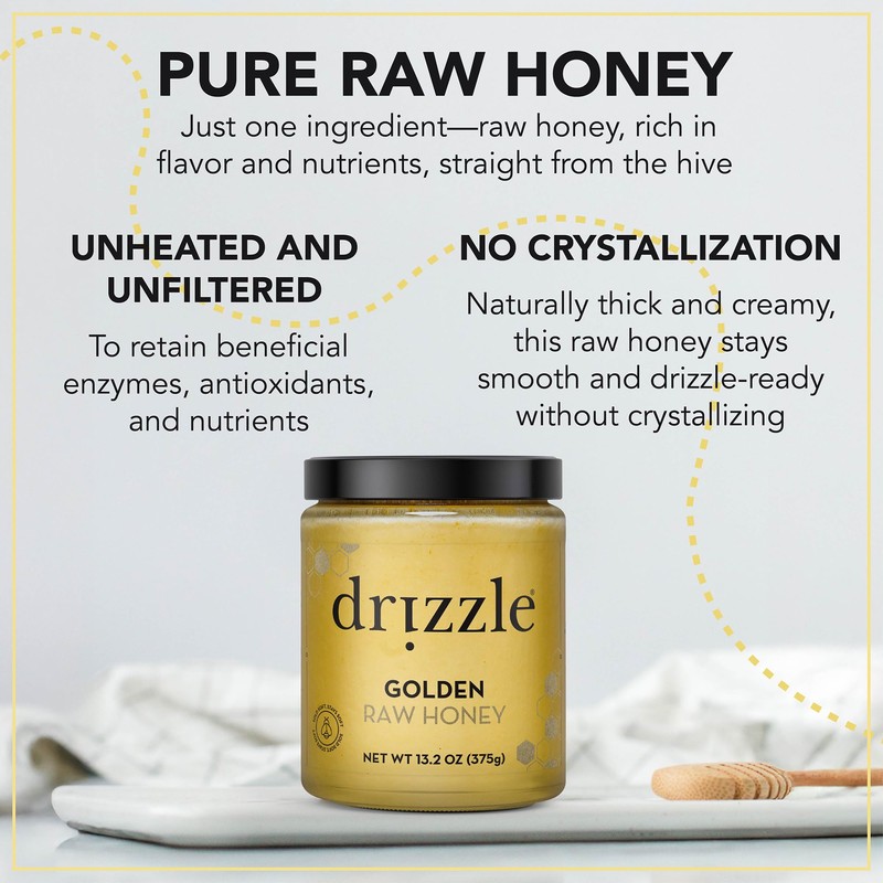 Drizzle Golden Raw Honey - All Natural Pure Raw Honey,
