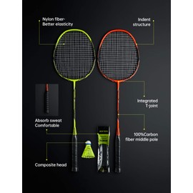 WOED BATENS -2 Player Badminton Set, Carbon Fiber Badminton Rackets Badminton Racquet for Backyards Gym with 3 Shuttlecocks 2 Grip Tape and 1 Badminton Bag, Yellow Orange