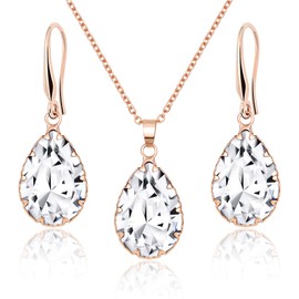 Linawe Rose Gold Wedding Jewellery Sets for Brides Bridesmaid, Crystal Imitation Diamond Pendant Necklace Set, Rhinestone Drop Dangle Earring Set, Cubic Zirconia Birthstone Teardrop Matching Jewellery