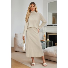 Arach&Cloz Womens Fall Two Piece Sweaters Skirts Sets Beige White Turtleneck Long Sleeve Tops Long Dress Casual 2024 Fashion Lounge Set Outfits Dressy Old Money Date Night Business(Apricot-M)