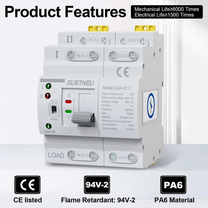 ATS Dual Power Automatic Transfer Switch, 4P 63A 220V Manual