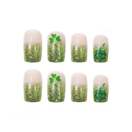 SINHOT St. Patrick's Day Press on Nails Short Square Fake Nails Glossy Glue on Nails Green Bling Glitter Acrylic Nails Lucky Shamrocks Irish Squoval Artificial Nails with Design 24 pcs