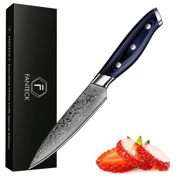 [5-Inch] Damascus Utility Paring Knife FANTECK Fruit Knife Stainless Steel VG10 Pro Razor Sharp Blade High Carbon Chef Knives 67-Layer Kitchen Cutlery Cutting Peeling Utility Knife with G10 Handle