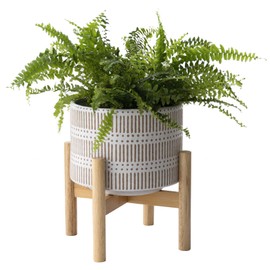 Ceramic Plant Pot with Wood Stand - 7.3 Inch Modern Round Decorative Flower Pot Indoor with Wood Planter Holder, Beige and White