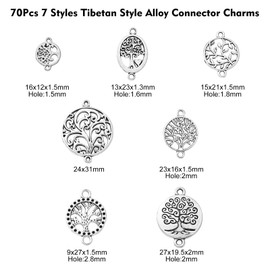 UR URLIFEHALL 70 Pcs 7 Styles Tibetan Style Tree of Life Charms Antique Silver Hollow Flat Round Connector Charms for Jewellery Making