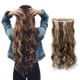 24" Hair Extensions 1 Piece 5 Clips 3/4 Full Head Long Straight Curly Hairpieces Blonde Black Brown Silver Grey Red (Light Brown with Bleach Blonde-Curly, Curly)