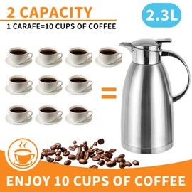 Olyzer 2.3L Stainless Steel Thermal Coffee Carafe, Double Wall Vacuum Carafe Jug with Lid, Coffee Drinks Pot with Handle, Warm& Cold Retention for Water, Milk, Tea, Juice (Sliver)