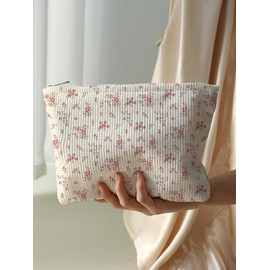 Ditsy Floral Pattern Makeup Bag, Makeup Organizer Pouch, Handheld Cosmetic Beauty Pouch, Casual Fashion Beige Corduroy Zipper Makeup Bag for Travel for Birthday Gifts, Versatile Storage Bag for Women & Girls, Cosmetics Organizer