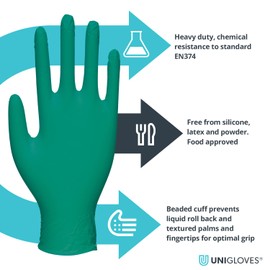 UNIGLOVES Protect Green HD Nitrile Disposable Gloves - Extremely Durable, Disposable Use, Versatile, Powder-Free, Box of 100 Gloves, Size Extra Small (GA0081)