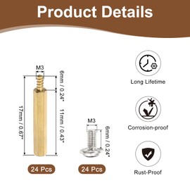 PATIKIL 24 Set M3 Hex Standoffs Brass, M3 x 11mm + 6mm Studs Male to Female Motherboard Standoffs Spacers Pillars, Gold, with Screw