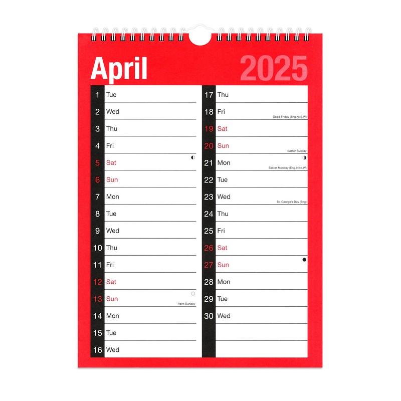 2025 Calendar Month To View A4 Large 2 Column Spiral