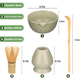 Fivebop Matcha Whisk Set - Matcha Bowl and Bamboo Matcha Whisk, Scoop, Spoon, Sifter, Whisk Holder, 6pcs Perfect Matcha Starter Kit for Matcha Tea Ceremony (D Green)