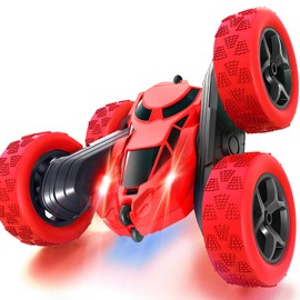 MidiVix Remote Control Car, 2.4 GHz Double-Sided 360° Rotating RC Stunt Crawler with Headlights, 4WD Off Road Drift RC Car Toy Gifts for Boys 6-12 Red