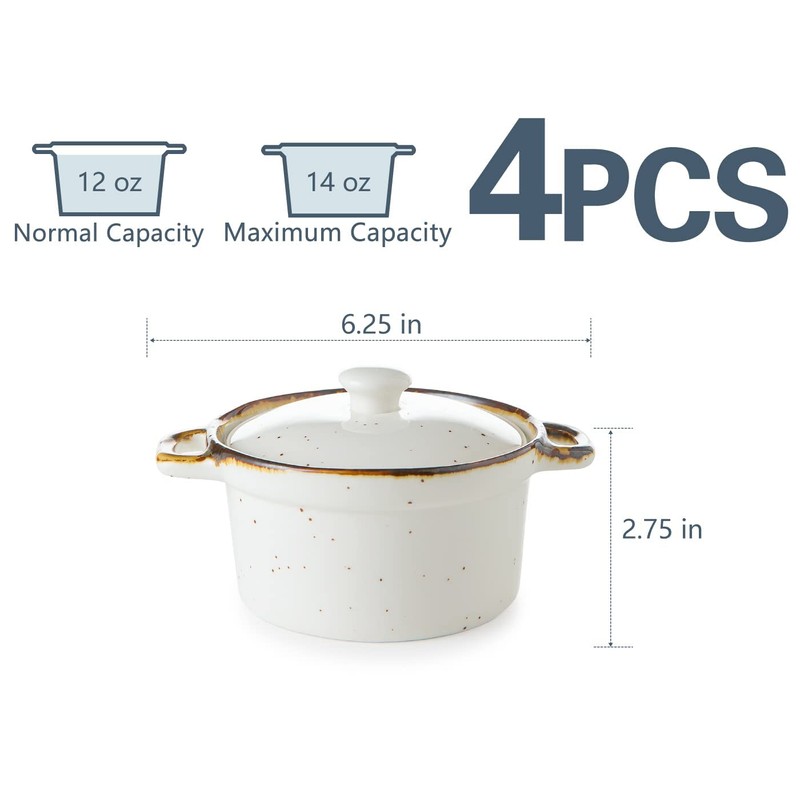 ONEMORE Ramekins with Lids, 12 oz Ceramic Small Casserole Dish