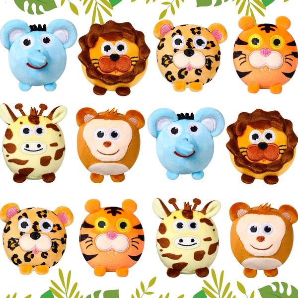 12 Pieces Mini Stuffed Forest Animals Jungle Animal Plush Toys in 4.8 Inch Cute Plush Elephant Lion Giraffe Tiger Plush for Animal Themed Parties Student Achievement Award(Round Style)