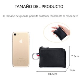 Cartera de Cuero para Monedero, Mini Monedero Delgado con Cremallera "L", Billetera Clásica Vintage con Doble llavero para Hombres y Mujeres, Negro