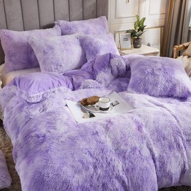 Uhamho Tie Dye Printed Faux Fur Bedding Set Modern Abstract Shaggy Plush Duvet Cover with Pillow Shams, Ultra Soft Warm (King, Tie Dye Lilac)