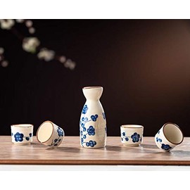 TJ Global 5-Piece Sake Set, Durable Ceramic Japanese Sake Set with 1 Carafe/Decanter/Tokkuri Bottle and 4 Ochoko cups for Hot or Cold Sake at Home or Restaurant - White with Blue Flowers