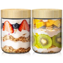 16oz Overnight Oats Containers with Lids, Glass Jars with Bamboo Lids, Glass Meal Prep Jars with Airtight Lids for Yogurt, Salad, Chia, Wide Mouth Mason Jar with Lid for Food Storage - 2 Pack
