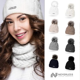 Neverless Lined Women's Knitted Hat with Fur Pom and Fleece Lining, Faux Fur Winter Hat, Bobble Hat, Julie Light Beige