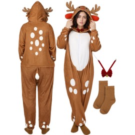 SOMSOC 3 Pcs Adult Christmas Reindeer Costume Deer Women Onesie Pajama Jumpsuit Animal Cosplay with Tie Socks for Unisex