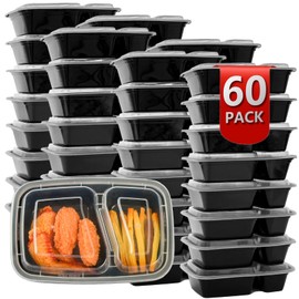 Meal Prep Containers 2 Compartment 60 Pack, 29 oz Divided Reusable Food Storage Containers with Lids Takeout Food Storage Containers Black, Microwave Dishwasher Freezer Safe, Stackable, BPA Free
