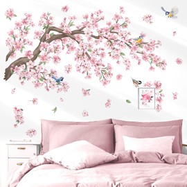 wondever Cherry Blossom Tree Branch Wall Stickers Pink Flower Floral Birds Peel and Stick Wall Art Decals for Bedroom Living Room Sofa