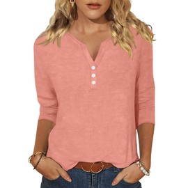 EADINVE Womens 3/4 Sleeve T-Shirts V Neck Buttons Tops Basic Tee Solid Color Blouse Loose Fit Pullover Summer Shirts 2024 Coral
