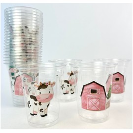 Farm Party Clear Plastic Cups, 12 oz, Pink Barn and Cow Design, Girl Birthday or Baby Shower, 24 Count