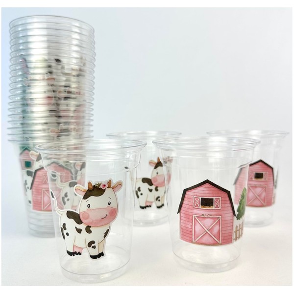Farm Party Clear Plastic Cups, 12 oz, Pink Barn and