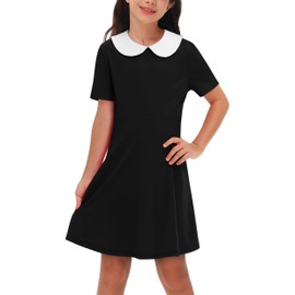Remimi Girl Peter Pan Collar Dresses Short Sleeve Midi Dress Black Funeral Dress 13-14 Years