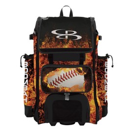 Boombah Rolling Catchers Superpack 2.0 Baseball/Softball Gear Bag - 23-1/2" x 13-1/2" x 9-1/2" - Fireball Black/Orange/White - Telescopic Handle - Holds 4 Bats - Wheeled Version