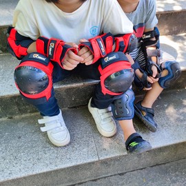 JBM international Adult / Child Knee Pads Elbow Pads Wrist Guards 3 In 1 Protective Gear Set, Red, Youth / Child