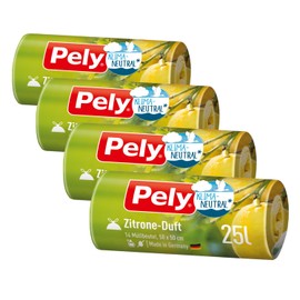 Pely Drawstring Bin Liners with Lemon Fragrance - Climate Neutral by Compensation, Value Pack (4 x 14 Pieces), Yellow, for Disposal of Residual Waste (25 Litres) with Pleasant Fragrance