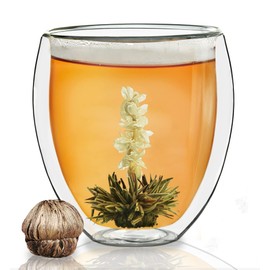 Creano Double-Walled Thermal Glass Bulbous XXL, Extra Large Heat-Resistant Coffee Glass/Tea Glass, 400 ml Including a Tea Flower