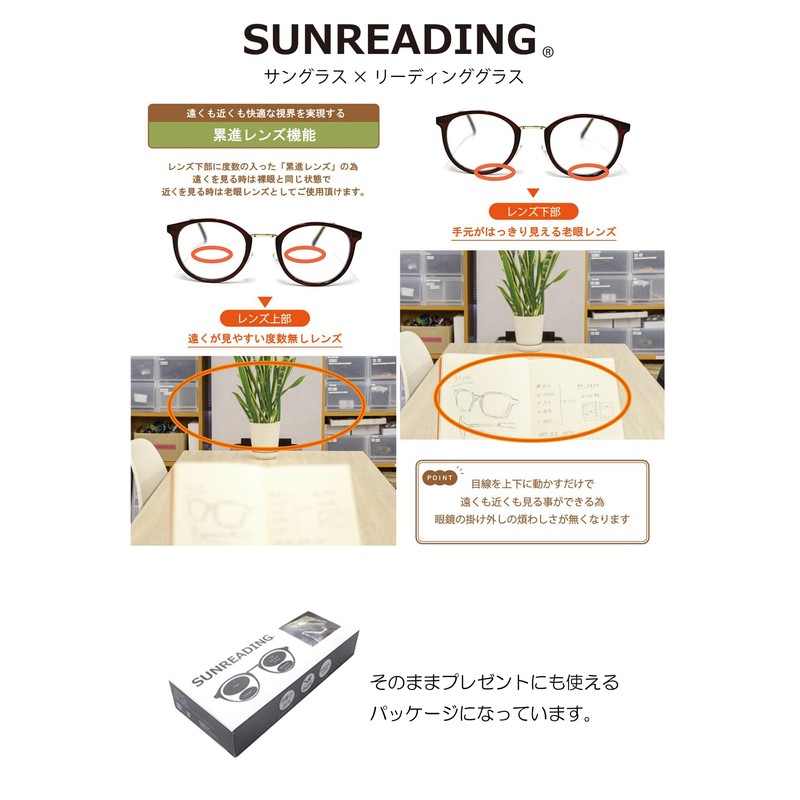 SUNREADING　SR402-2　2.00　老眼鏡　累進レンズ　UVカット　ブルーライトカット