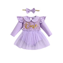 Borlai Baby Mädchen Kleidung Erster 1. Geburtstag Kleid Rüsche Langarm Elegant Spitze Blumen Strampler Prinzessin Tutu Tüllkleid Partykleid mit Stirnband Babybekleidung