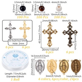 NBEADS About 348 Pcs Rosary Making Kit, Including Wood Round Beads Alloy Cross Pendants with Elastic Crystal Thread for DIY Craft Bracelet Necklace Earring Jewelry Making