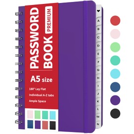 Forvencer Password Book with Individual Alphabetical Tabs, Medium Size Password Notebook, Spiral Password Keeper Book for Senior, Cute Password Organizer Logbook for Home Office, 5.3"x7.6", Purple
